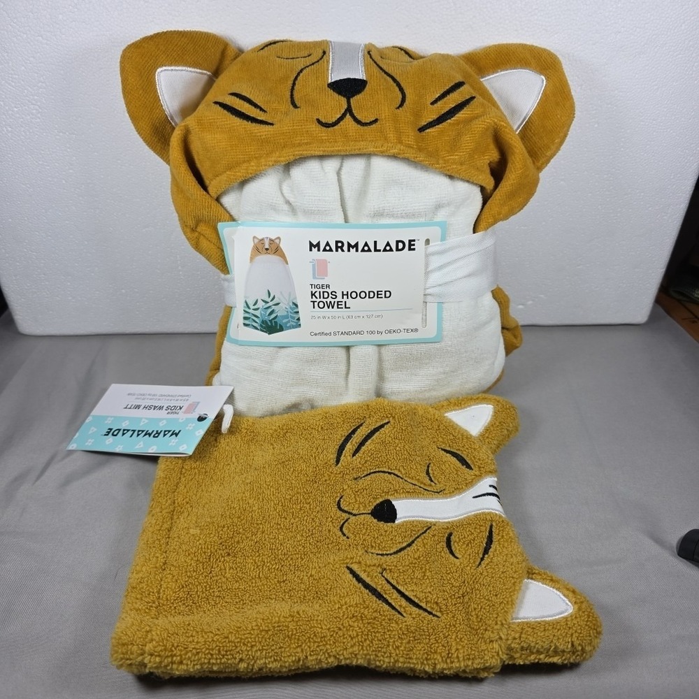Marmalade™ Cotton‎ Kids Hooded Bath Towel And Wash Mitt Set Tiger 25" x 50" NEW